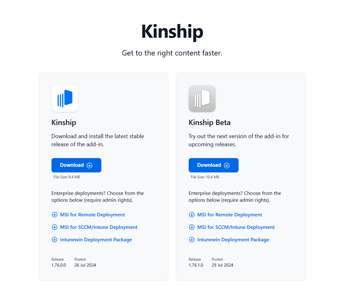 Screenshot of new Kinship Downloads page